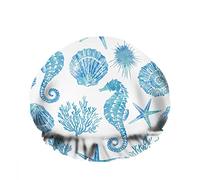 Double Waterproof Bathing Shower Cap Seashells Corals Starfish Pearl Seahorse Seaweed Ocean Blue Reusable Fashion Shower Hat For Women Beauty, BathHair Spa, Home Hotel Travel Use