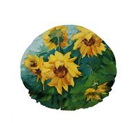 Double Waterproof Bathing Shower Cap Sunflower Art Leaves Nature Plant Blossoming Yellow Flowers Reusable Fashion Shower Hat For Women Beauty, BathHair Spa, Home Hotel Travel Use