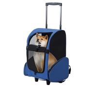 Double Wheeled Pet Travel Carrier Backpack, Soft Sided Rolling Cat Carrier with Telescopic Handle, Foldable Breathable Pet Travel Bag for Small Medium Cats and Dogs Outdoor Journey Royal Blue