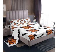 (Double, White Black Chocolate) Cute Cartoon Dog Sheet Set for Kids, Border Collie Bed Sheets Set for Boys Girls, Halloween Black Bats Sheets, Dog Animals Flat Fitted Sheet