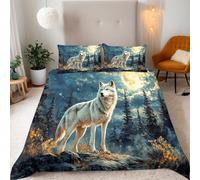 Double White Wolf Standing In The Woods Bedding Set Ultra-Soft Microfiber Duvet Cover Set 3Pcs - 200x200cm + 2 Pillowcases 50x75cm- Animal 3D Printed Design with Zip Closure & Corner Ties
