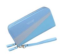 Double Zipper Wallet Ladies Long Large Capacity Clutch Double Layer Wallet Splicing Contrasting Color Change Mobile Phone Bag 10 Phone Case Wallet (Blue, One Size)