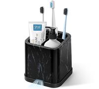 DoubleCare Small Toothbrush Holder for Bathroom Detachable Easy Clean 5 Slots Electric & Toothpaste Caddy Family Kids on Vanity, Sink, and countertop, Square Marble Black, (YJ-01)