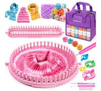 DoubleCare Tooth Knitting Loom Set with Storage Bag, 2 Knitting Frames Yarn Pompom Maker Crochet Hook Beginner Friendly DIY Blanket Scarf Stole Knitting Set, Pink