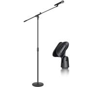 DoubleFill 1 Pack One Hand Microphone Stand with Weighted Heavy Round Base, 3 to 5.3 ft Height Adjustment Microphone Stands, Telescoping Mic Boom Arm, Mic Holder for Singing Concert Performances