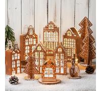 DoubleFill 11 Pcs 3D Gingerbread Christmas Village Houses Paper Christmas Village Set Brown Xams Houses Decorations Paper Xams Trees Snowman Figurines Scene for Winter Holiday Desktop Mantel Decor