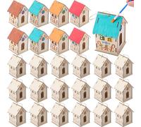 DoubleFill 12 Pcs Wooden Gingerbread House DIY Craft Kit for Kids Unfinished Christmas Village Houses with Twine Christmas Wood Craft to Paint and Build for Art Party Gift Winter Activity Decor
