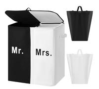 DoubleFill 154L Large Double Laundry Hamper with Lid and Removable Bags Laundry Basket 2 Section Collapsible Dirty Clothes Hamper for Bathroom Bedroom for Husband&Wife Parents or Couple (Mr. Mrs.)