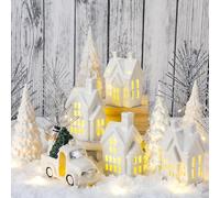 DoubleFill 17 Pcs Ceramic White Christmas Village Sets Winter Village Houses Ceramic Christmas Tree Porcelain Plastic Vintage Truck Snow Covered Branch Trees for Xmas Party Table Decorations