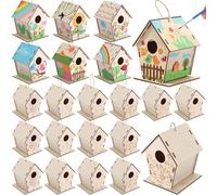 DoubleFill 24 Pack Wooden Bird House Bulk for Kids Birdhouse Kit Wood Houses for DIY Birdhouse Kits for Wooden Craft Houses to Paint Family Crafts for Kids and Adults to Build and Design