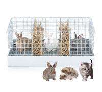 DoubleFill 3 Hole Foldable Rabbit Transport Cage with Hay Zones, 22 x 12 x 10 in Portable Metal Bunny Carrier with Tray and Handle for Rabbit Travel Temporary, Transport, Breeding, Temporary Housing