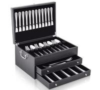 DoubleFill 3 Layer Leather Silverware Storage Box with Lid and Handles, Anti Tarnish Silverware Storage Chest Case with Felt-lined for 12-16 or More Sets of Utensils Flatware Gifts, 15.3x11.2x9 Inch