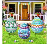 DoubleFill 3 Pcs Easter Eggs Yard Sign 3D Easter Yard Decorations Lawn Outdoor Metal Stake Eggs Bunny Easter Decorations Yard Decor for Outdoor Spring Ornament Lawn Pathway Garden (Crayon Style)