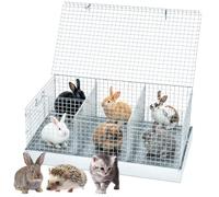 DoubleFill 6 Hole Foldable Rabbit Transport Cage Bunny Carrier, Large 33 x 20 x 12 Inches Silver Metal with Removable Tray Divider & Handles for Travel Temporary, Sturdy, Durable Indoor Outdoor