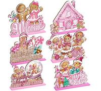 DoubleFill 6 Pcs Christmas Gingerbread Man Decoration Merry Christmas Welcome Table Centerpiece Candy Cane Xmas Tree Party Wooden Table Topper for Girl Birthday Party Holiday Supplies