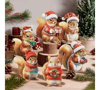 DoubleFill 6 Pcs Christmas Squirrel Table Decorations Wooden Squirrel Figurines Woodland Animals Rustic Xmas Winter Centerpiece for Tabletop Tiered Tray Fireplace Office Indoor Forest Decor Gift