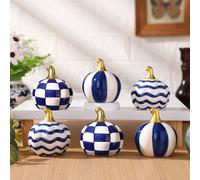 DoubleFill 6 Pcs Grid Blue Ceramic Chinoiserie Pumpkins Fall Farmhouse Table Centerpiece Porcelain Pumpkin Tiered Tray and Mantel Ornaments for Indoor Thanksgiving Autumn Decor