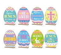 DoubleFill 8 Pcs Easter Christian Eggs Wooden Signs Table Decorations Vintage Religious Egg Tabletop Centerpieces Rustic Farmhouse Decorative for Easter Spring Birthday Wedding Outdoor Party Supplies