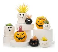 DoubleFill 8 Pcs Halloween Ceramic Succulent Pots, Halloween Planter Gifts Pumpkin Ghost Mummy Cat Shape Planter Small Flower Pots for Home Office Party