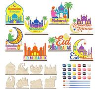 DoubleFill 8 Sets Wooden Ramadan and Eid Craft Kit, DIY Eid Mubarak Wood Tabletop Signs with Paint Strips and Paintbrushes, Paint Your Ramadan for Muslim Gift, Islamic Party Supplies, Table Decoration