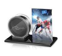 DoubleFill Hockey Puck and Card Display Case Acrylic Clear Holder Black Base Ring Stand Set Hockey Puck Centerpieces Protector Memorabilia Showcase