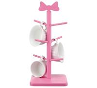 DoubleFill Pink Bow Mug Holder Tree Decorative Wooden Pink Coffee Cup Holder with 6 Hooks Coquettish Wood Mug Rack Standing Cute Countertop Cup Tree for Coffee Bar Kitchen Home Accessories
