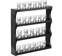DoubleFill Wood Shot Glass Display Case Shot Glasses Holder Wall Floating Shelves Bar Collection Stand Collection Display Rack (Black)