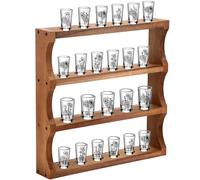 DoubleFill Wood Shot Glass Display Case Shot Glasses Holder Wall Floating Shelves Bar Collection Stand Collection Display Rack (Brown)