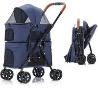 Doublelayer Dog Pram Stroller Pet Trolley Strollers Pushchair Breathable Travel Carrier Pet for 2 Dogs/Cats Great for Twin Or Multiple(Color:Blue)