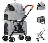 Doublelayer Pet Stroller Foldable Pet Trolley Pet Pram Stroller for 2 Dogs/Cats Lightweight Travel Pet Pram Pushchair Breathable Travel Carrier Detachable Cage(Color:Gray a)