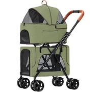 Doublelayer Pet Trolley Pushchair Cat Dog Strollers for 2 Dogs/Cats Breathable Travel Carrier Foldable Detachable Cage (Blue) (Green)