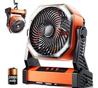 Doublepow 20000mAh Rechargeable Battery Powered Outdoor Tent Fan with LED Light, 270° Pivot, 4 Speed, Personal USB Desk Fan for Camping, Fishing, Hurricane, Worksite