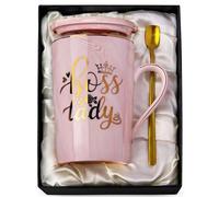 Doublewhale Boss Lady Gifts, Best Boss Gifts for Women Female, 14oz Pink Marble Ceramic Coffee Mug with Gold Print Spoon Lid Card Gift Box Office Appreciation Gift for Manager Leader Professor