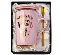 Doublewhale Mothers Day Gifts for Mum Birthday Gift for Mums from Daughter Son World's Best Mum Coffee Mug, 14OZ Ceramic Coffee Cup Gift Set with Golden Printing, Cup Lid, Spoon, Card, Exquisite Box