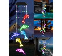 DOUBLEZHE Solar Wind Chime for Outside, Color Changing Dolphin Wind Chime Outdoor, Mom Gifts for Mothers Day Grandma Gift, Unique Garden Decor Colorful Patio Yard Party Decoration