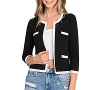 DOUBLJU Women's 3/4 Sleeve Blazer Open Front Round Neck Cropped Jacket Work Office, Black, X-Large