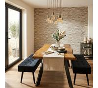 Doubs Dining Table With 2 Benches 120Cm Natural Wood Dining Table Set With 2 Black Velvet Benches