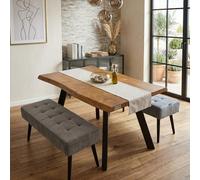 Doubs Dining Table With 2 Benches 120Cm Natural Wood Dining Table Set With 2 Grey Velvet Benches