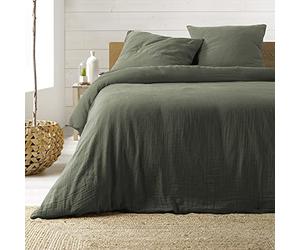 Douceur d'Intérieur, Angelia Khaki 3-Piece Bed Linen Set (260 x 240 cm), 1 Side Cotton and 1 Side Cotton Gauze