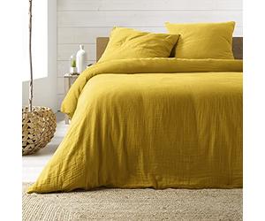 Douceur d'Intérieur, Angelia Yellow 3-Piece Bed Linen Set (260 x 240 cm) 1 Side Cotton and 1 Side Cotton Gauze