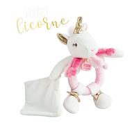 Doudou et Compagnie - DC3310 Baby Unicorn Rattle Soft Toy with Soft Toy - 17 cm - White/Pink - Newborn Gift - Pretty Gift Box - Lucie La Licrone