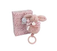 DOUDOU ET COMPAGNIE - DC4366 Musical Box Rabbit Soft Toy - Ultra-Soft Musical Baby Plush Toy with Wooden Ring - Baby Sleeping Lullaby Night Light - Newborn Gift Idea