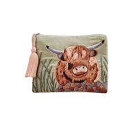 Dougal Highland Cow Pouch Pale Green Velvet Embroidered Fabric