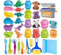 Dough Play Tools Sets for Kids, 22pcs Clay and Dough Accessories for Toddlers with Storage Box, Silicone Mat, Rolling Pins, Safety Scissors, Mini Knife,3D Dino & Animal Molds, Gift for Boys Girls