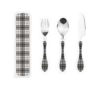 Douglas Grey Modern Tartan Portable Kids Utensil Set Stainless Steel Fork, Spoon & Knife 3-Piece-Set, Easy to Clean, and Perfect for School, Travel, Or Home Use