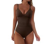 DOULAFASS Backless Shape Push Up Slimming Swimming Costume Women Tummy Control Swimsuit V Neck Sexy One Piece Swimwear Brown