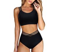 DOULAFASS Women Racer Back Bikini Top with V Cross High Waisted Bottom Mesh Swimsuit Two Pieces Swimwear Black