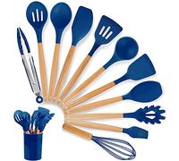 Douup 12 Pcs Silicone Cooking Utensils Set, Wooden Handle, Dark Blue