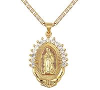 DouuYuhet 18K Gold Plated Flat 3mm Virgin Mary Guadalupe Pendant Necklace Christian Jewellery, Stainless Steel, Cubic Zirconia