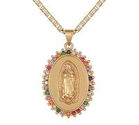 DouuYuhet 18K Gold Plated Flat 3mm Virgin Mary Guadalupe Pendant Necklace Christian Jewellery, Stainless Steel, Cubic Zirconia